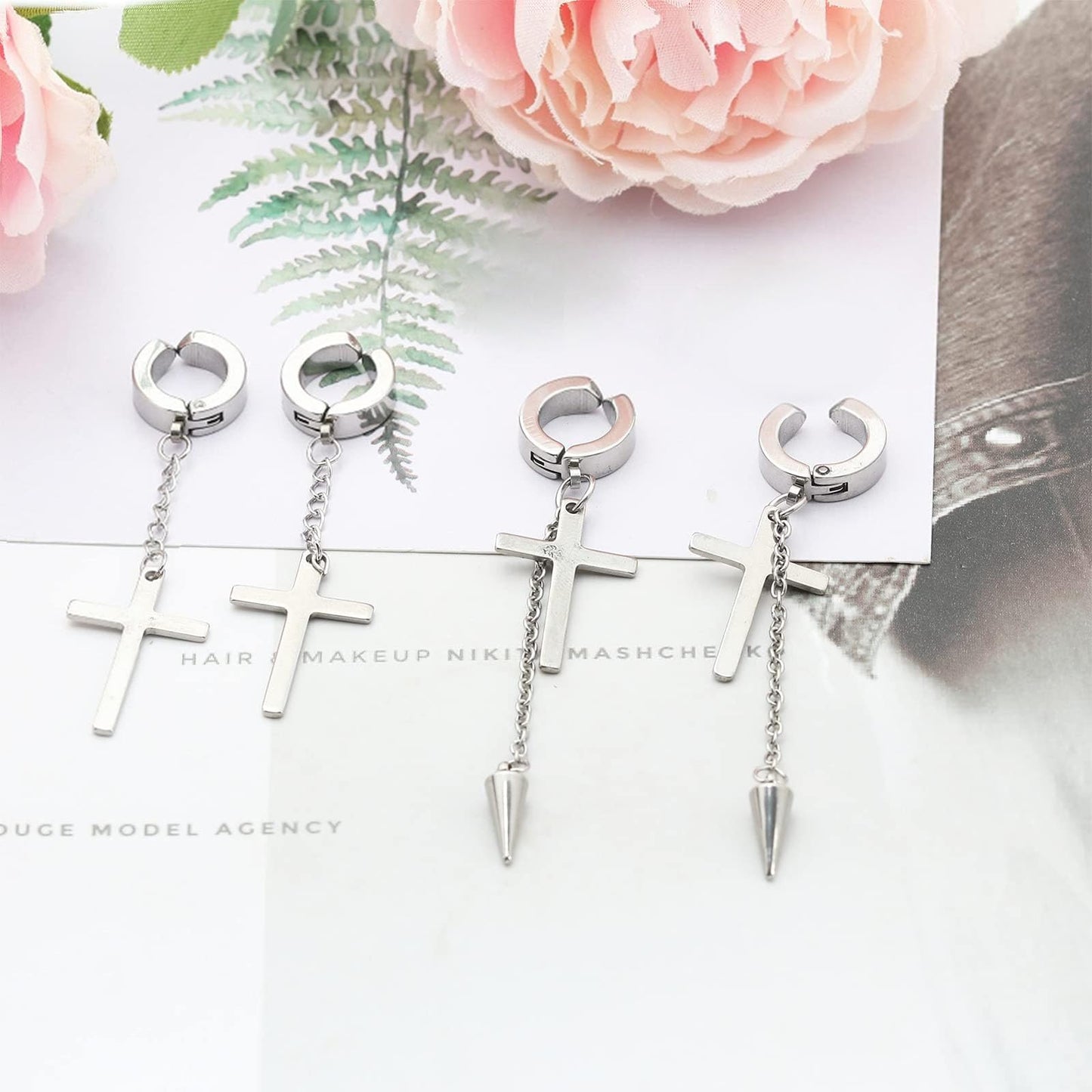 NEWITIN 15 Pairs Magnetic Stud Earrings for Men Clip on Earrings Stainless Steel Magnet Earring Unisex Dangle Cross CZ Hoop Magnetic Stud Earring Set for Men Women