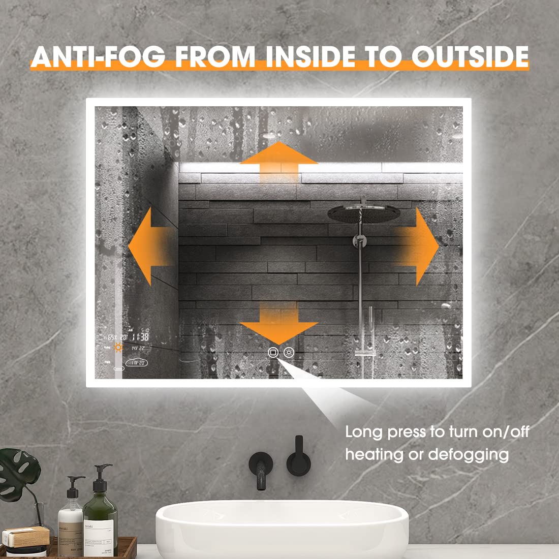 Evokor 32 x 24 Inch Led Smart Bathroom Mirror with Lights, Anti Fog Lighted Vanity Mirror with Weather Time Wall Mounted, White/Warm/Natural Light Dimmable, CRI92, IP54 Waterproof (Horizontal)