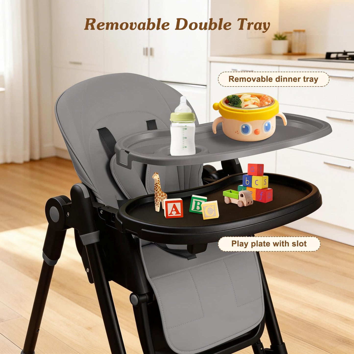 3-in-1 Baby High Chair with Soothing Rocker | Convertible Baby High Chair for Babies and Toddlers | Brake Wheels, Easy Clean, Space Saving | Adjustable, Removable Tray (Dark Grey)