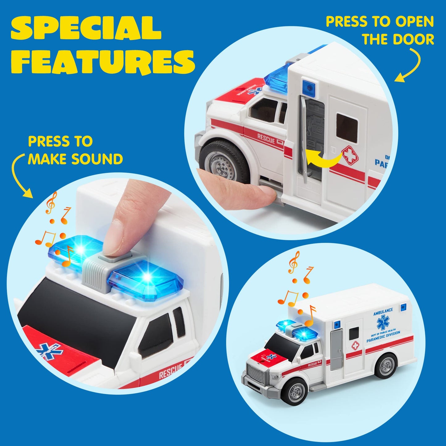 JOYIN 4 Packs Emergency Vehicle Toy Playsets, Friction Powered Vehicles with Light and Sound, Including Fire Truck, Ambulance, Play Police Car and Helicopter, Toddler Kids Boys Gifts