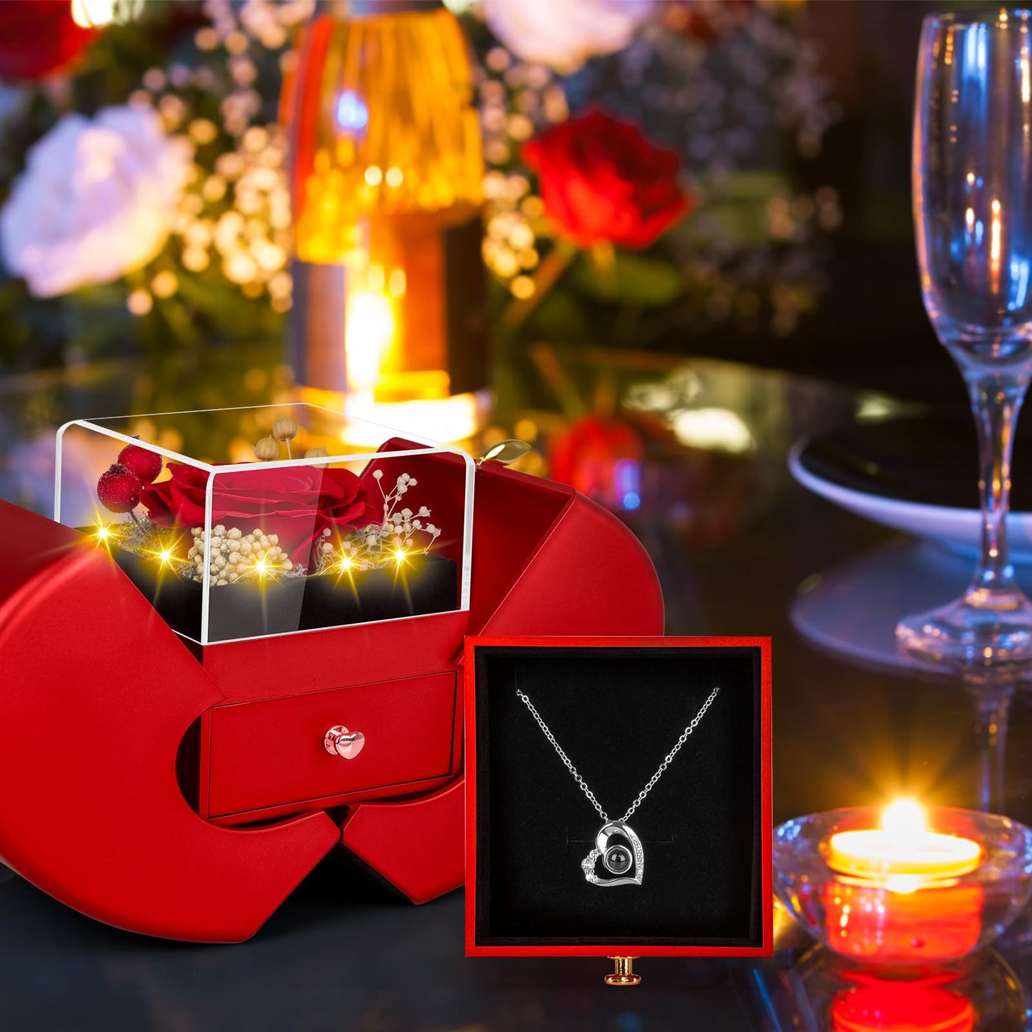 Lebana Preserved Red Real Rose with I Love You Necklace, Mothers Day Gifts for Mom Women Her Wife Girlfriend Grandma Birthday Mothers Day Valentines Christmas Anniversary Romantic-Red