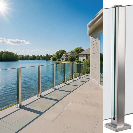 Cvter Glass Railing Post, No-Punch Heavy-Duty Glass Railing with Spigot Slots & Base, 304 Stainless Steel Clamp Bracket for Deck Balusters, Balcony, Patio, Stairs, Silver 24in Mid Post