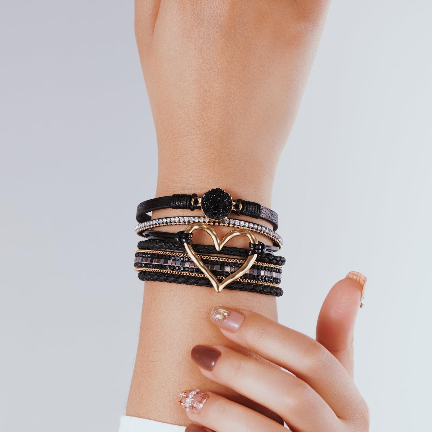 Becklynn Boho Leather Wrap Bracelets Beaded Crystal Stackable Cuff Bracelet with Magnetic Clasp Cowboy Cowgirl County Concert Outfits Western Jewelry Gifts for Women(Heart Black)