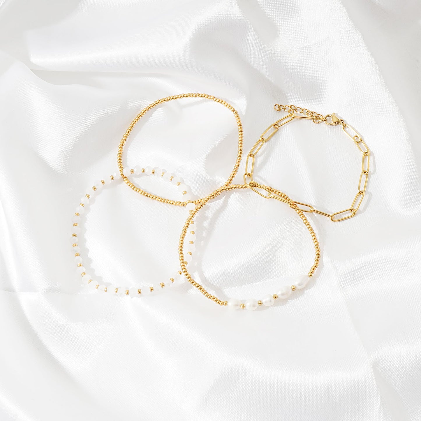 Pymach Dainty Gold Plated Pearl Crystal Beaded Bracelets Set for Women 14K Gold Plated Bead Pearl Beads Bracelet Stackable Paperclip Link Chain Bracelets Gold Plated Bracelets for Women Trendy Jewelry