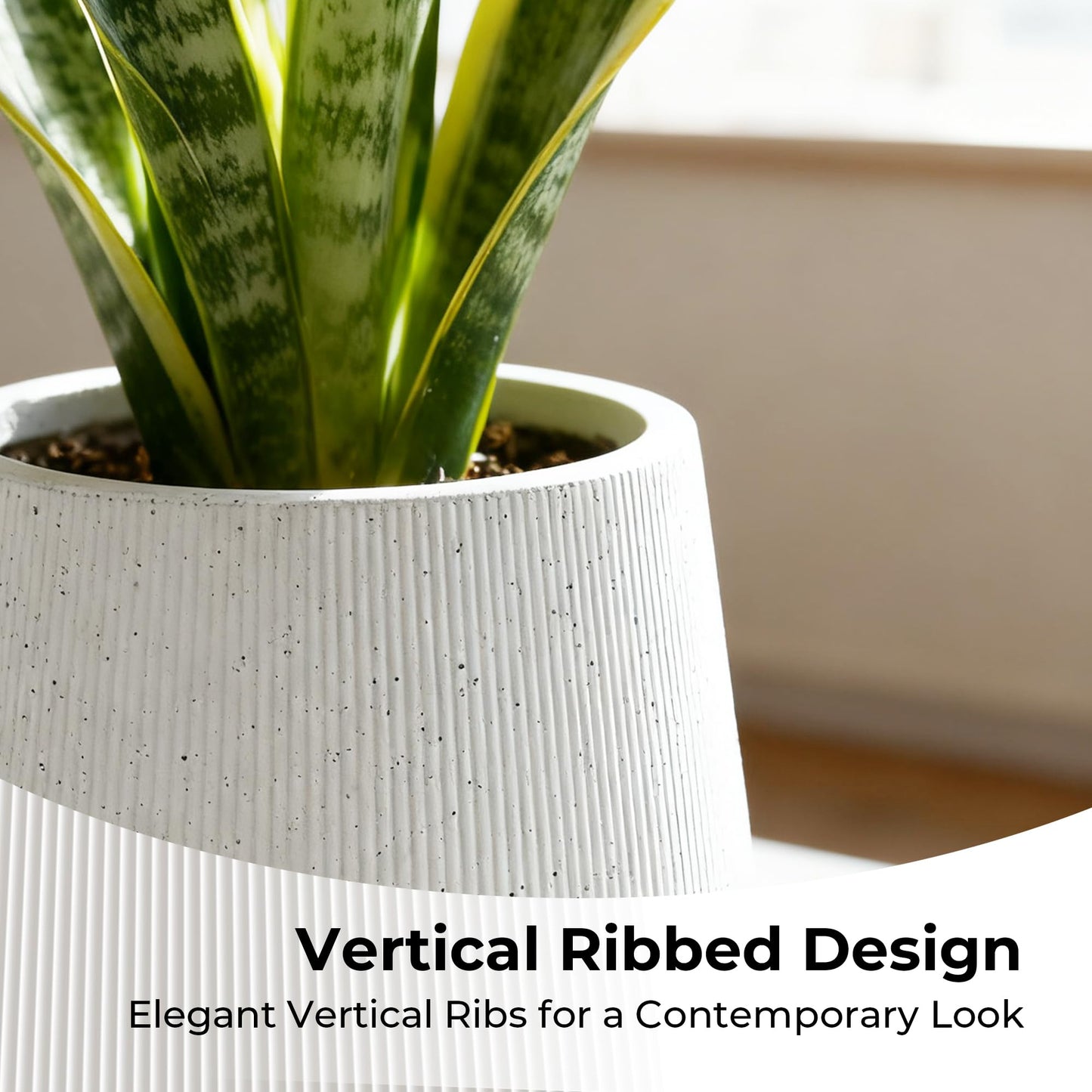 Worth Garden White Large Round Planter, 12.5" Dia x 18.5" H Lightweight Magnesium Oxide Cement Plant Pot with a Striped Textured Finish, Raised Pattern Concrete Look, Drainage Hole, Indoor & Outdoor