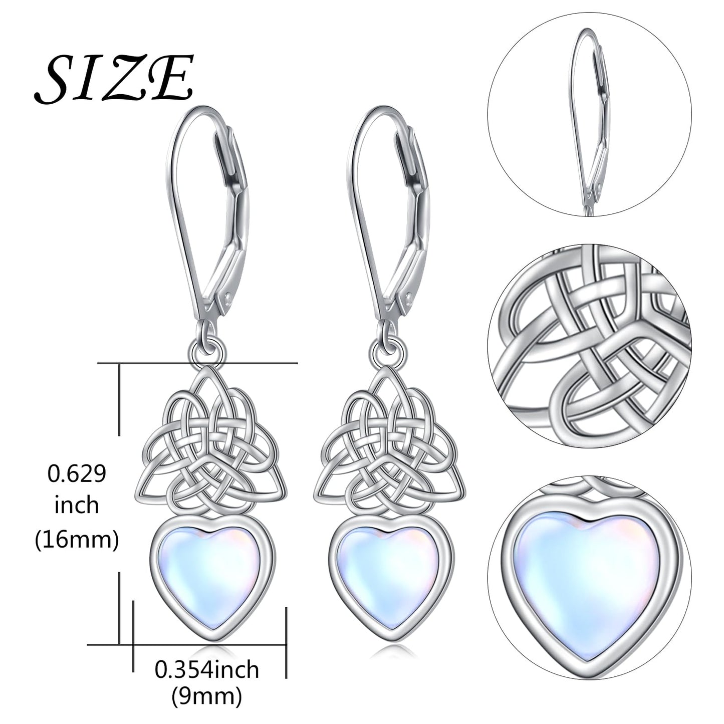 SHAOAN Celtic Knot Moonstone Dangle Drop Earrings 925 Sterling Silver Heart Irish Celtic Knot Leverback Earrings Jewelry Gifts for Women