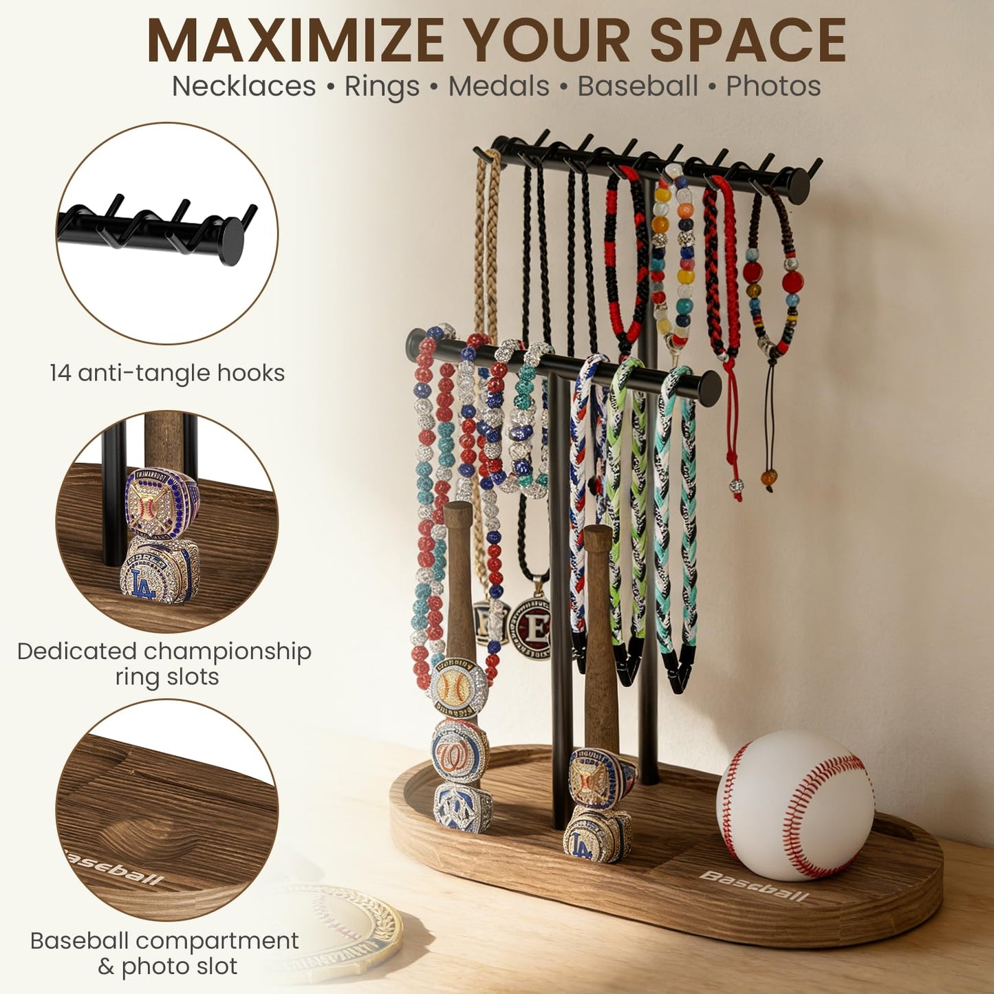 kulusion Baseball Display Case for Ball and Cards, 4-in-1 Necklace Ring Jewelry Stand, Sports Fan Display Organizer Case for MLB Collectibles, Gift for Baseball Lovers(Rustic Wood & Solid Metal)