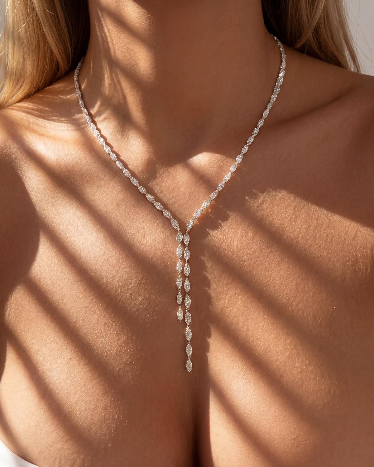 STONEFANS Rhinestone Long Necklaces for Women - Dainty Tennis Lariat Necklace Cute Silver Drop Necklace Simple Choker Necklace Party Prom Jewelry Bridesmaid Gifts