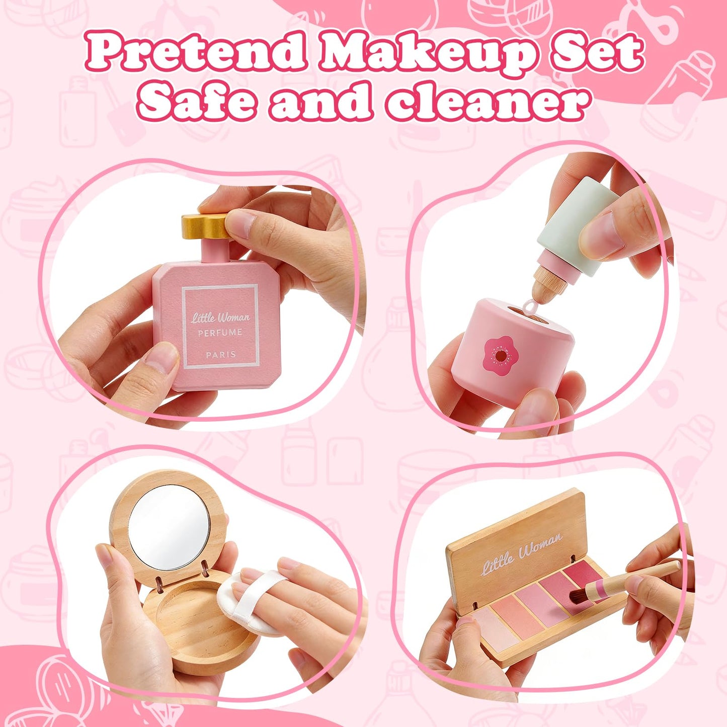 Treasdamic Wooden Makeup Toy Set for Girls - Pretend Play Makeup Kit for Toddlers 3-5 with Eyeshadow/ Mascara/ Perfume/ Blush/ Mirror/ Bag, Birthday Gifts for Girls Toys Kids Aged 3 4 5 6 7 8