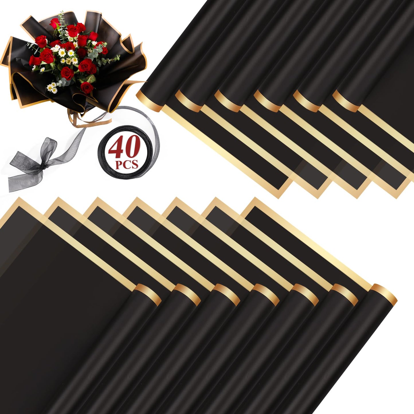 RowinsyDD 40 Sheets Black Flower Wrapping Paper, Waterproof Packaging Paper for Floral Bouquets, 22.8 x 22.8 inch Gift Packing Florist Supplies