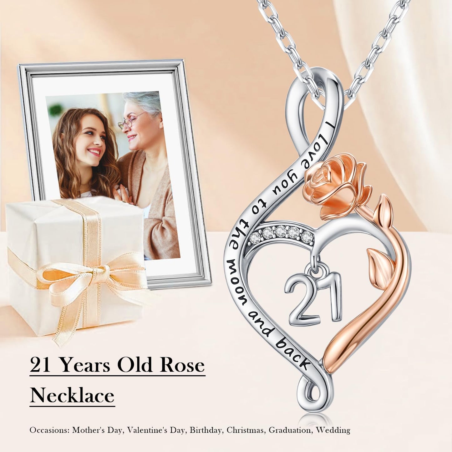 KoyeKei 21st Birthday Gifts for Daughter 21 Year Old Necklace 925 Sterling Silver Rose Flower Heart Infinity Pendant Jewelry Christmas Birthday Gift for Women Female Her