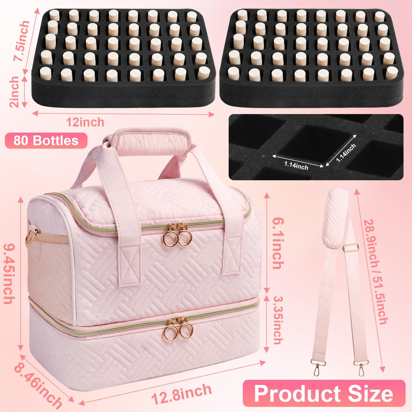 Veirdro Nail Polish Organizer Bag Holds 80 Bottles (15ml/0.5fl.oz)& Nail Lamp, Soft Velvet Nail Kit Storage Carrying Case with Shoulder Strap, Double Layer Nail Supplies Organizer Handbag Women (Pink)