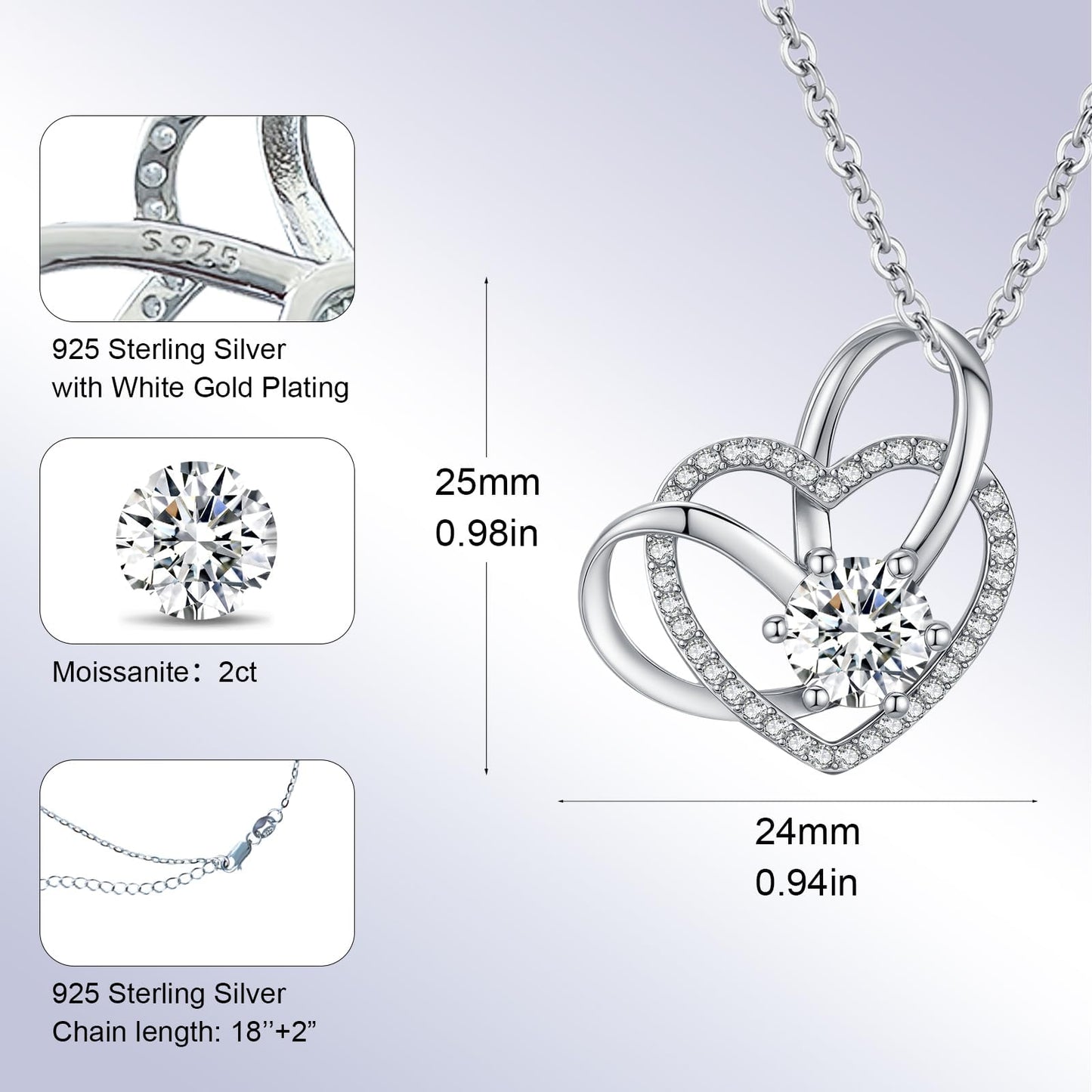 2 Carat Moissanite Necklace 925 Sterling Silver Jewelry AAAAA Cubic Zirconia Double Heart Pendant Necklace Best Gifts for Mom Women Girlfriend Grandma Friend Lover Her Wedding Birthday Anniversary
