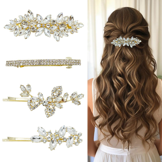 4 Pieces Rhinestone Hair Clips Gold Leaf Wedding Hair Pins Crystal Bobby Pins Gold Bridal Hairpin Barrette for Brides Bridesmaids Flower Girls