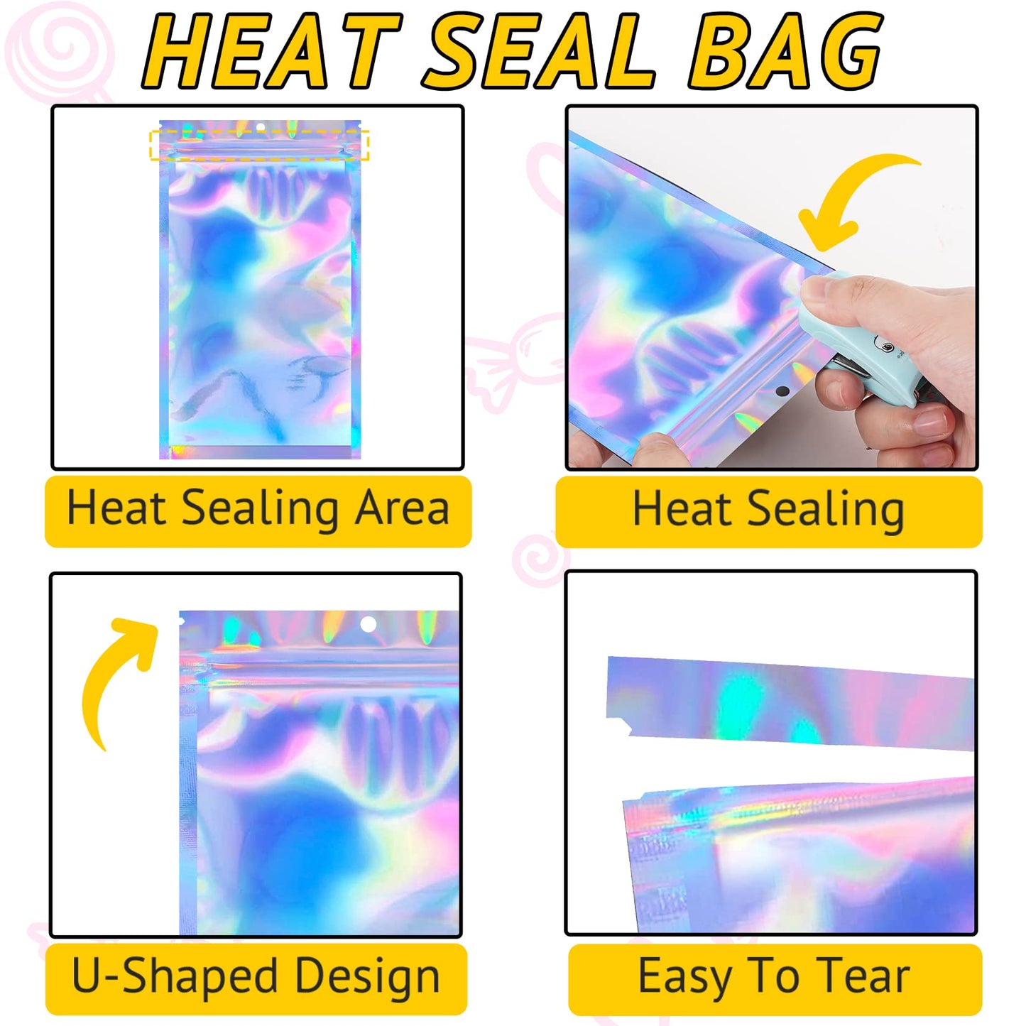 TIFICAL 100 PCS Holographic Bags for Lashes, Press On Nails, Candy, Small Baggies Sample Bag Smell Proof Packaging Bags for Jewelry, Resealable Bags for Small Business, Food Storage Bags