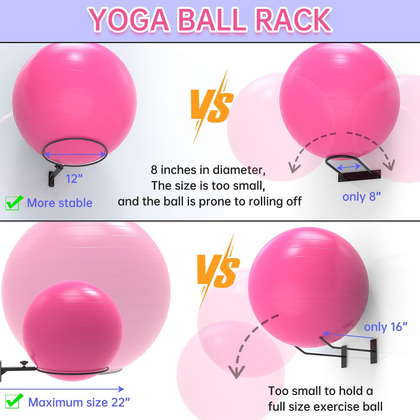 KOMOHOM 26" Exercise Ball Holder Wall Mount - Adjustable Yoga Ball Storage Rack for 14 to 30 Inch Stability Balls, Heavy-Duty Metal Balance Ball Wall Mount with 12-Inch Diameter Ring