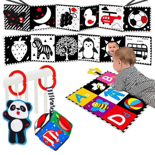 4 PCS Black and White High Contrast Baby Toys 0-3-6 Months Newborn Essential Toy for Babies Crinkle Sensory Book Brain Development Tummy Time Mirror Infant Carseat Rattle Shower Easter Gifts Boy Girl