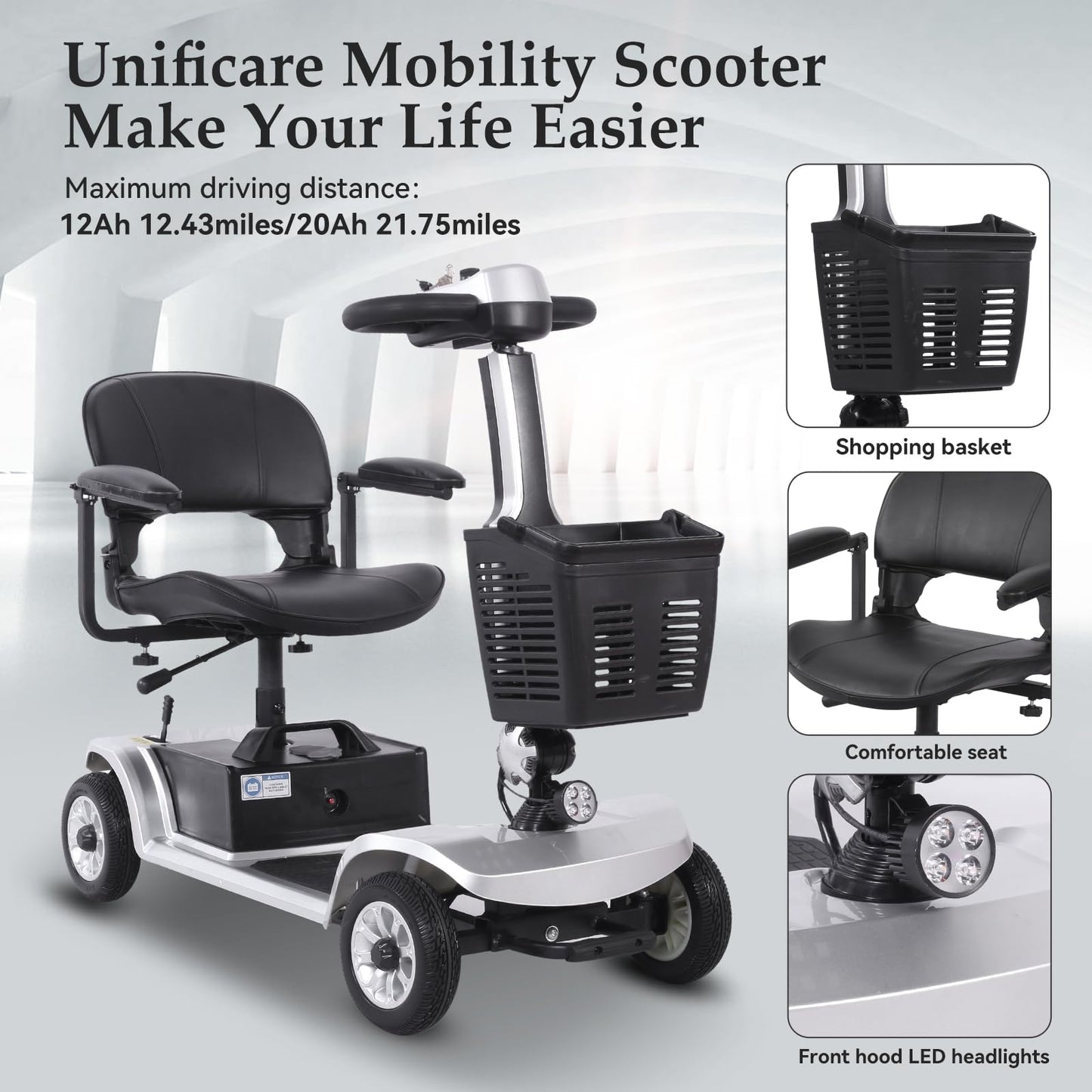 30 Miles Long Range 4 Wheel Electric Mobility Scooter Compact Heavy Duty Mobile for Travel, Adults, Elderly,Foldable Mobility Scooter with Charger & Basket (Silver)