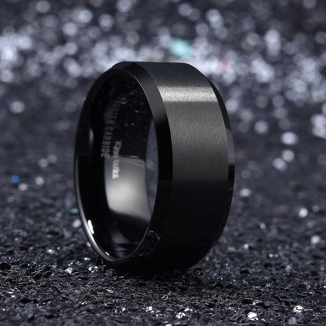 King Will 10mm Men's Black Wedding Ring - Brushed Matte Surface, Beveled Polished Edge, Comfort Fit Size 8