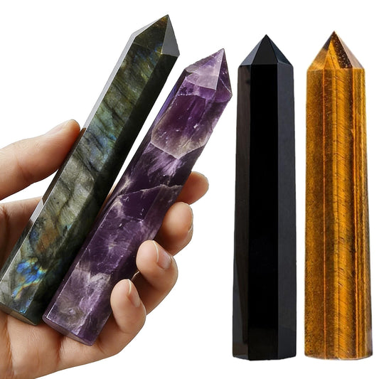 4Pcs 5.9 Inch Natural Crystal Obelisk Tower Set, Polished Hexagonal Point Wand, Obsidian Labradorite Amethyst Tiger's Eye Stone, Reiki Healing Crystal Obelisk Statue, Home Desktop Decor Spiritual Gift