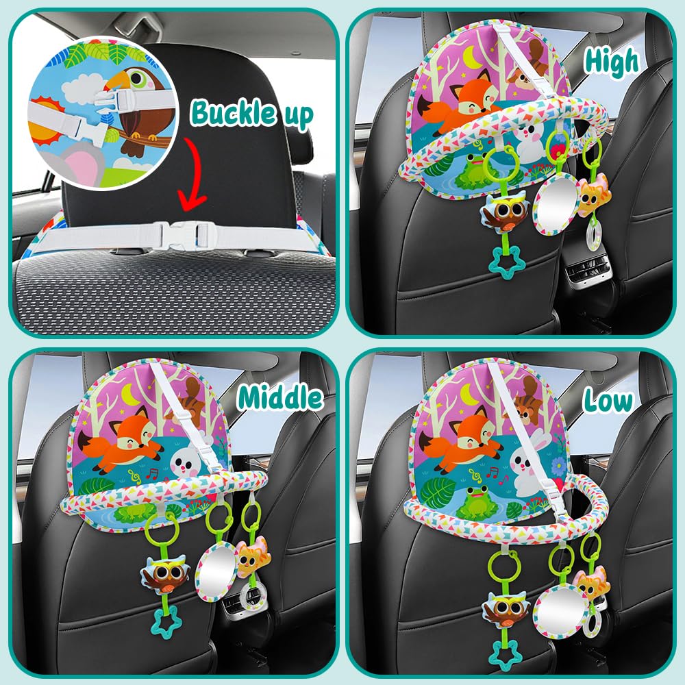 OKOOKO Car Seat Toy Rear Facing Car Seat Toy Baby Travel Toy Double-Sided with Baby Mirror Plush Toys Rattle Teether Thickened Pad Adjustable Sensory Toy for Newborn Infant