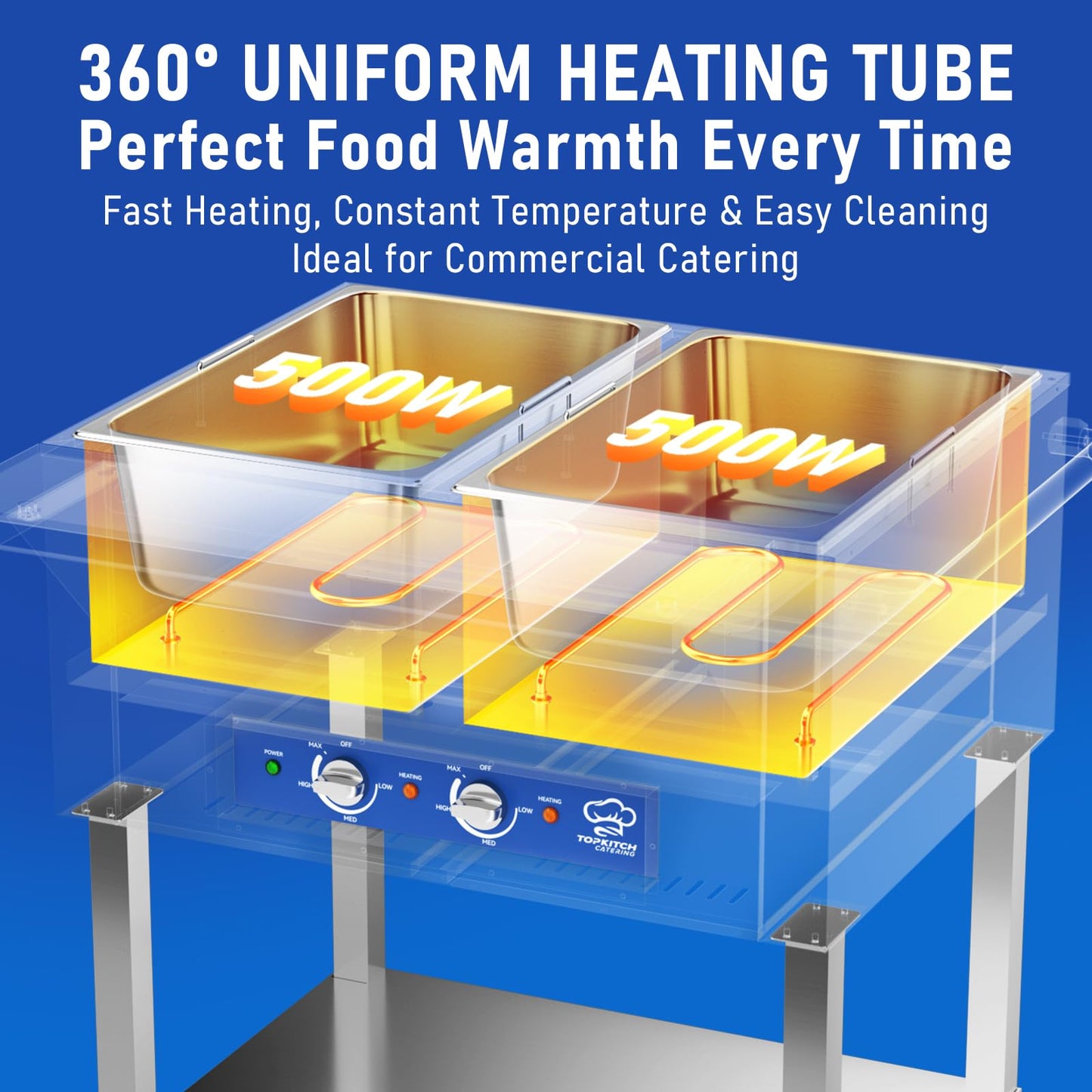 TOPKITCH 2-Pan Commercial Food Warmer, Electric Steam Table with Independent Temperature Control, 120V 1000W Stainless Steel Buffet Catering Food Warmer with Undershelf and Workspace, for Restaurant.