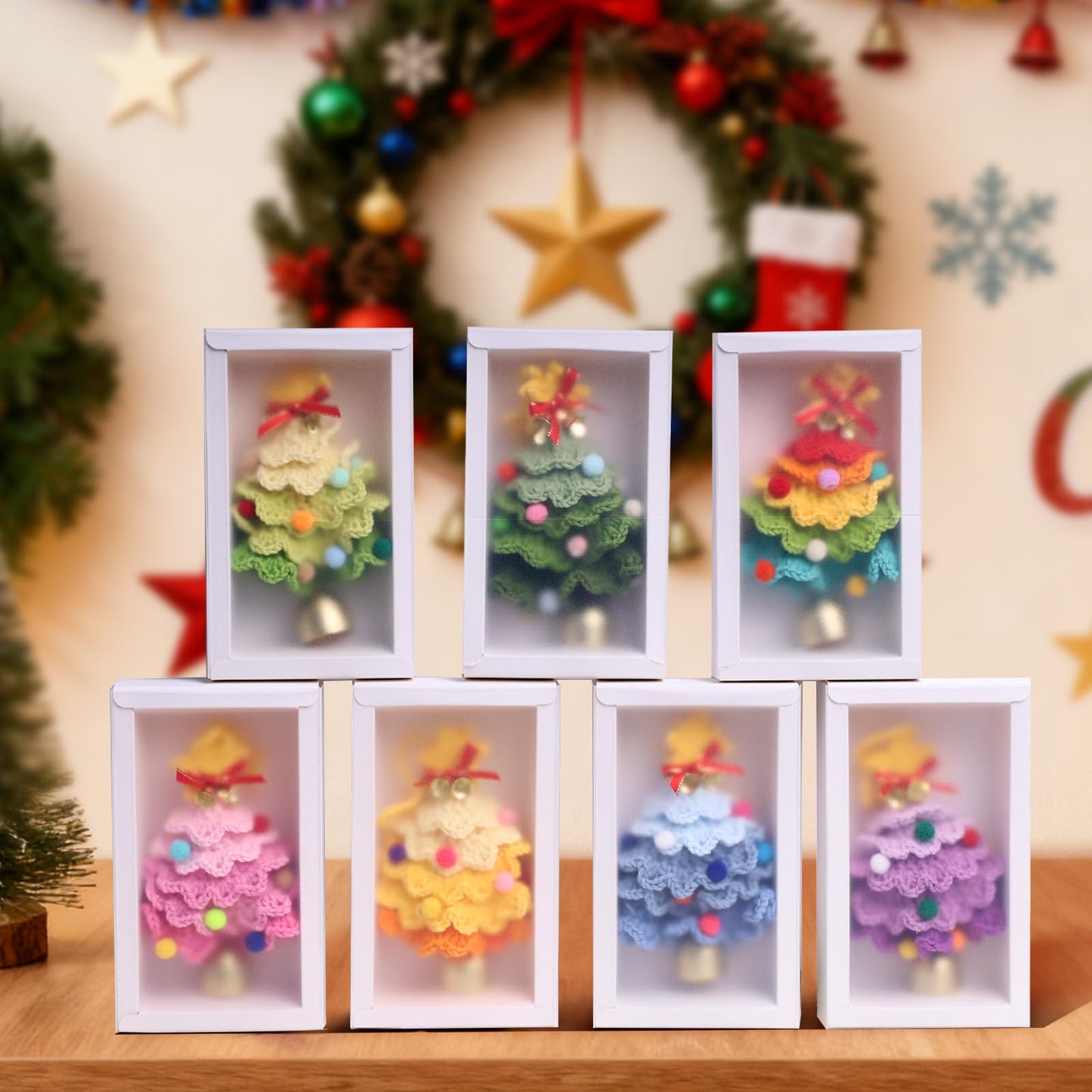 JSSTEM Handmade Crochet Christmas Tree, Hand-Knitted Ornaments Car Pendant with Bells, Stars, Bows & Pom Poms, Cotton Xmas Decor for Holiday Tree, Festive Gift, Home, Car and Party Decor, Green