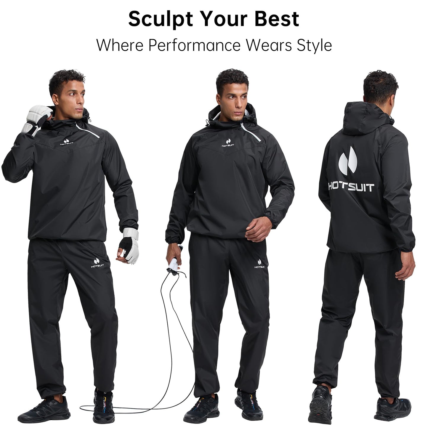HOTSUIT Sauna Suit for Men Sweat Sauna Jacket Pant Gym Workout Sweat Suits, Black, L