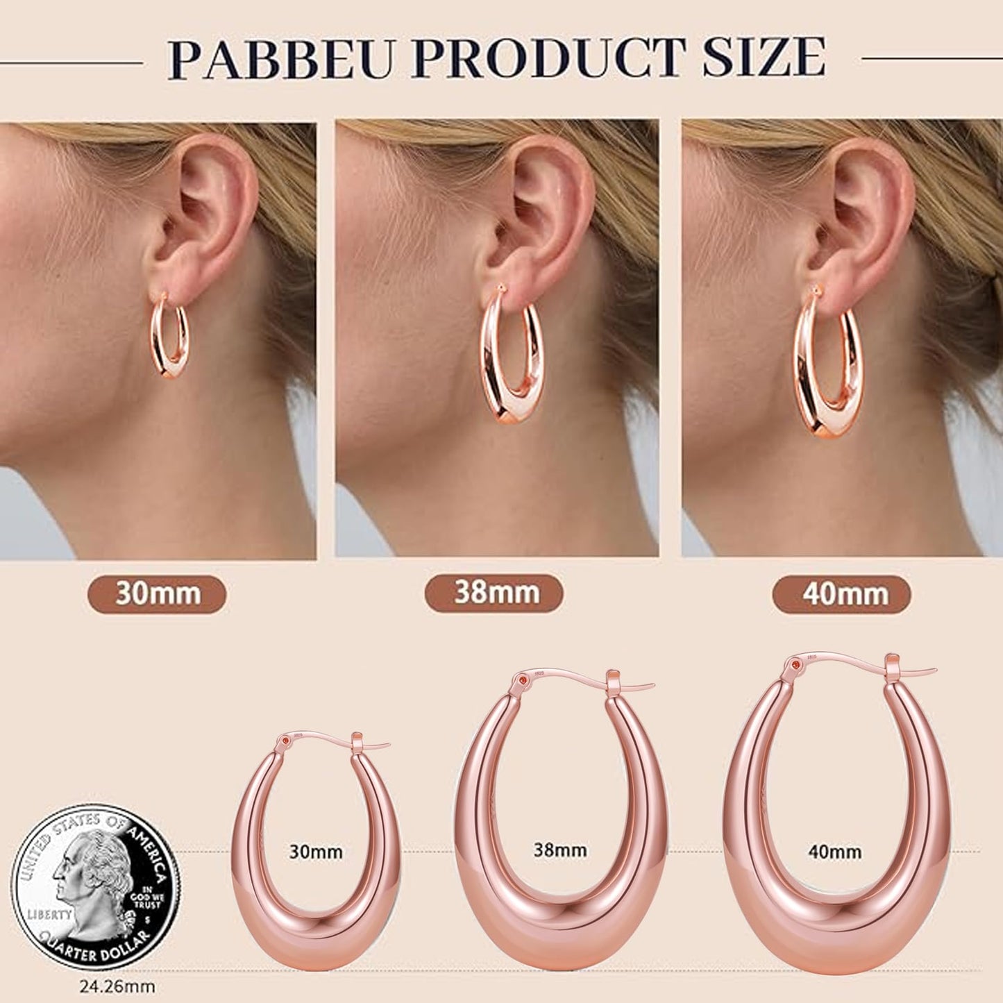 PABBEU Chunky Rose Gold Hoop Earrings for Women, Lightweight 14k Golden Plated Hoops Earrings, Hypoallergenic 925 Oval Rose Golds Hoops Earrings, Thick Gold Hoop Earrings for Women Gifts (38mm)