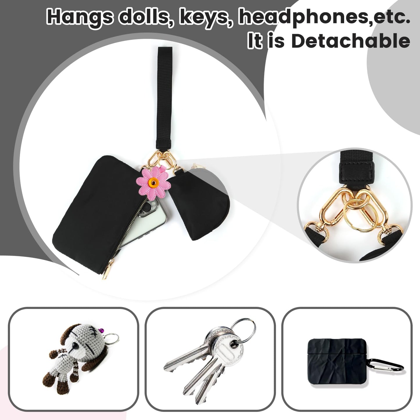 Mini Zip Around Wristlet Keychain Wallet for Women Detachable Dual Pouch Wristlet Portable Phone Coin Purse Coin Pocket (Black+Gold)
