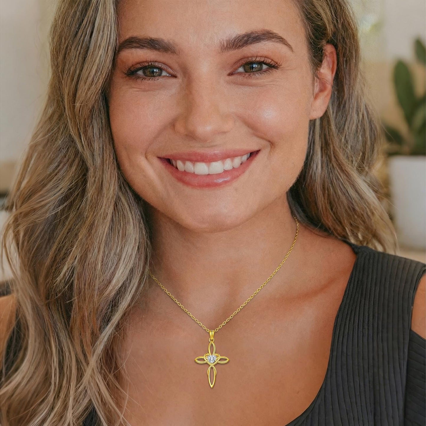 POIUY Celtic Knot Cross Birthstone Necklace for Women Irish Infinity 14K Gold Heart Pendant Cross Jewelry Anniversary Valentines Birthday Mothers Day Gifts for Mom Wife Her