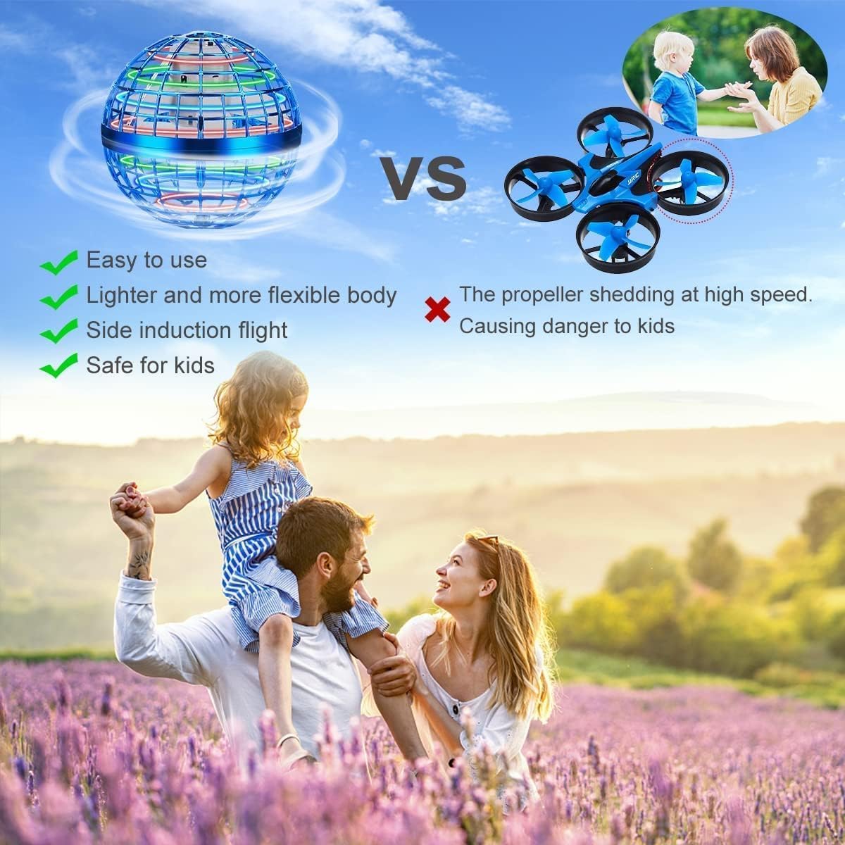 Junywell Flying Orb Ball Toy, Hover Hand Mini Drone Cosmic Globe, Fly Spinners for Kids Adults Indoor Outdoor Toys, Cool LED Lights Toys for 6 7 8 9 10+ Years Old Boys Girls Gift Blue