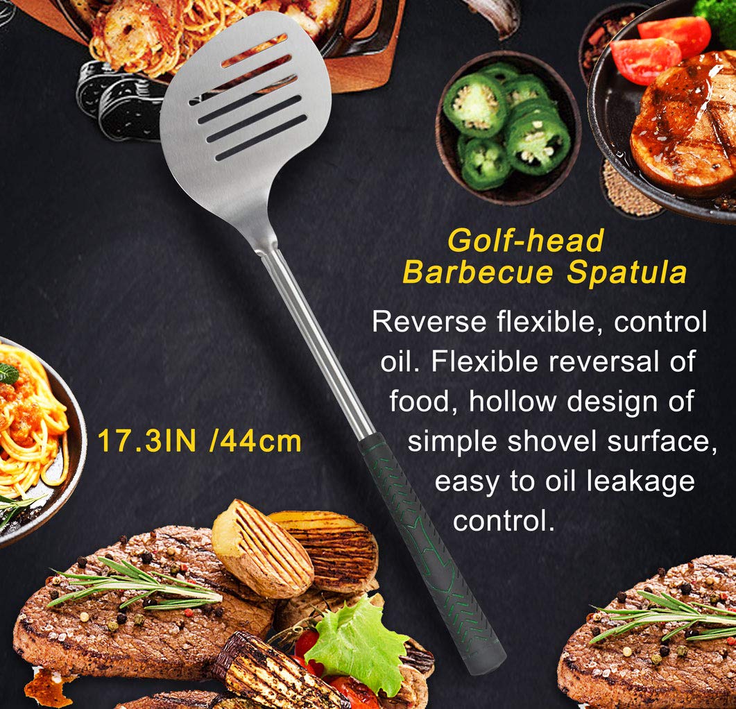 POLIGO 7PCS Golf-Club Style BBQ Tool Set Grilling Tools with Rubber Handle - Stainless Steel Grill Accessories for Outdoor Grill Set Premium Grill Utensils Set Fathers Day Birthday Gifts for Men Black
