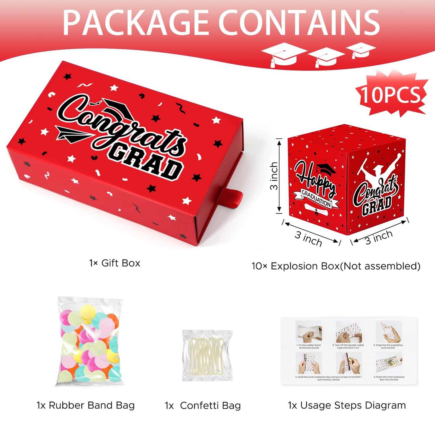 WenmthG 2026 Graduation Surprise Gift Box Explosion for Money - 10 Pcs Grad Pop Out Folding Bounce Money Gift Box with Confetti - Cash Gift Idea for Grad - Graduation Money Bank Party Supply (Red)