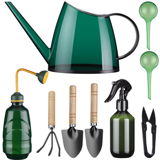 Ferrochef 13 Pcs Indoor Plant Can Set, 1/2 Gallon Watering Can, 17 oz Squeeze Bottle, 6.8 oz Spray Bottle, 6 Self Watering Globes, Gardening Tool Kit with Pruning Scissors for Plants (Green)