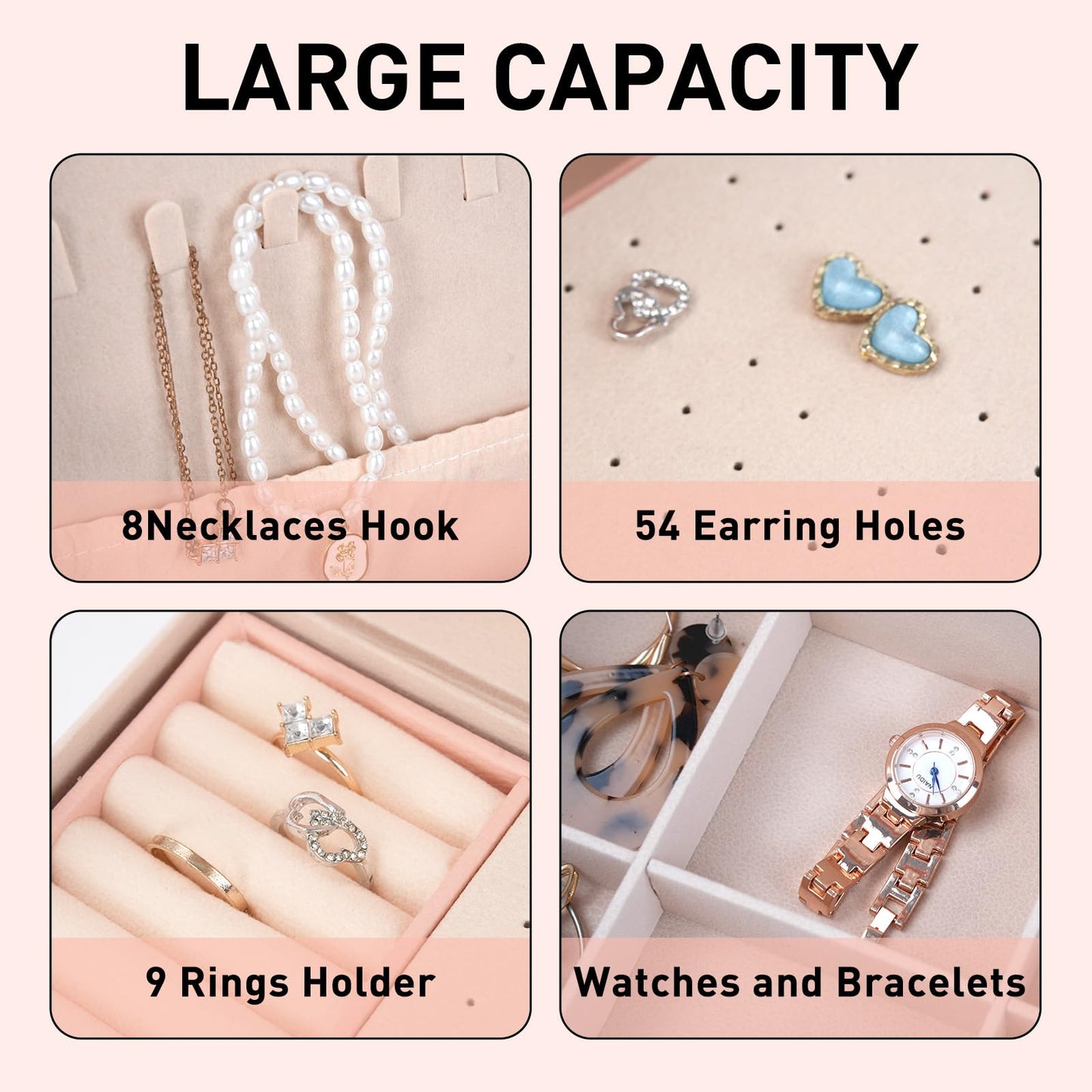 JINGIHE Jewelry Box Organizer for Women Girls, 2 Layers jewelry Storage Case with Removable Tray, PU Leather Jewellery Display Holder for Earring Rings Necklaces Bracelets Watches