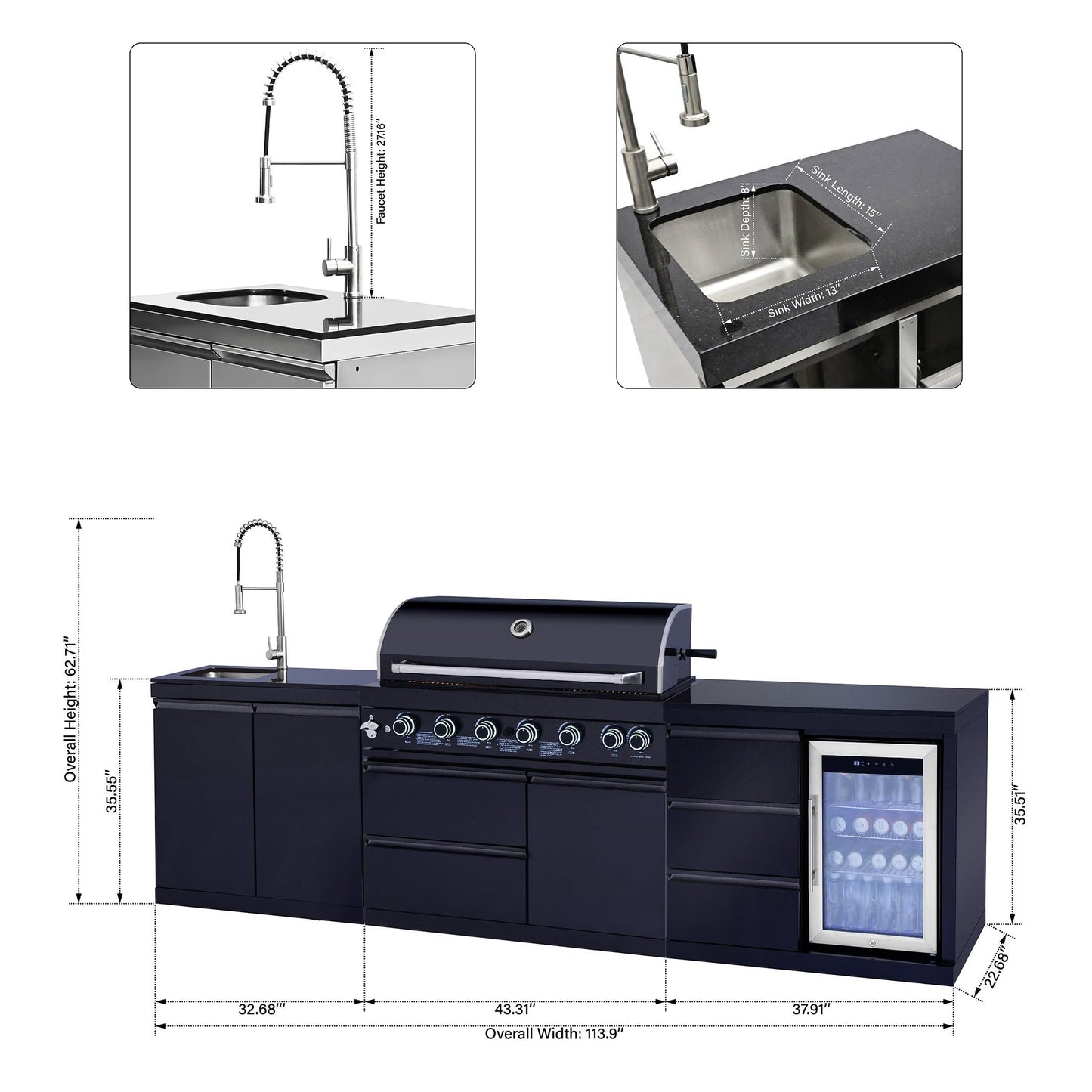 114 Inch Outdoor Kitchen Island, 6 Burner Propane Gas BBQ Grill Station, 83500 BTU 304 Stainless Steel Grill Combo with Sink & Refrigerator, CSA ETL Certified, Black