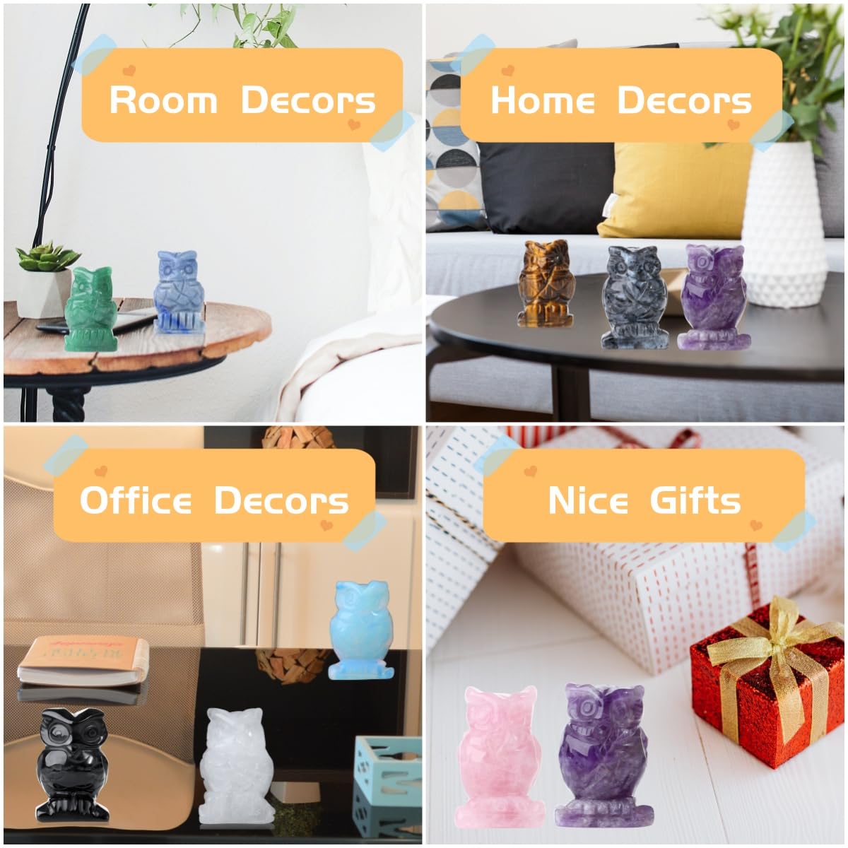 YATOJUZI 2” Owl Decors Natural Tiger's Eye Crystals Stones Cute Decor Polished Hand-Carved Sculpture Statue Figurines Gemstone Home Office Desk Decoration Reiki Energy Gifts