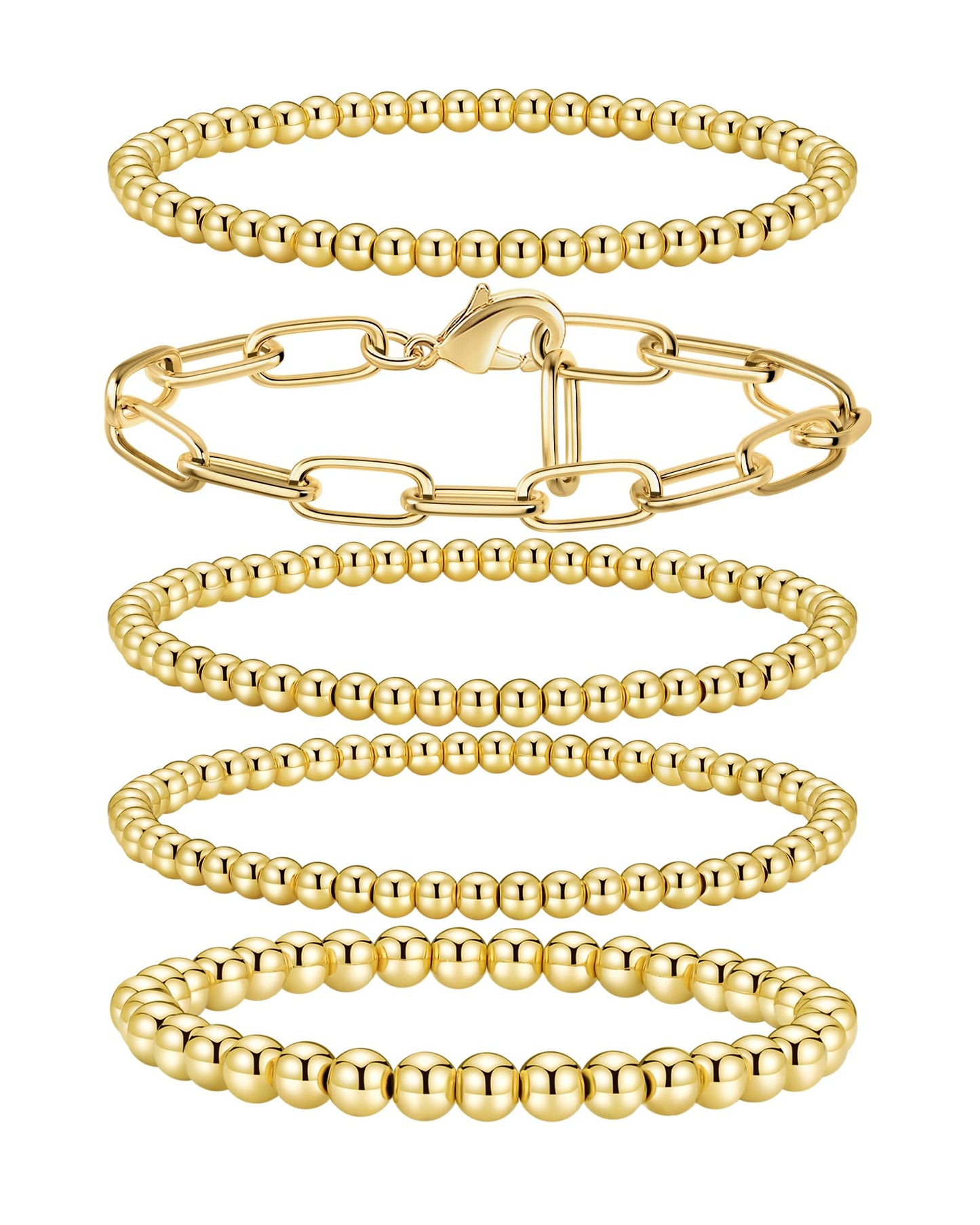shownee Gold Beaded Bracelet for Women 14K Gold Plated Bracelets Gold Stretch Bead Ball Bracelet Hypoallergenic Stackable Bracelet Set 6.8 inch Graduation Gift for Her Mothers Day Gifts for Mom
