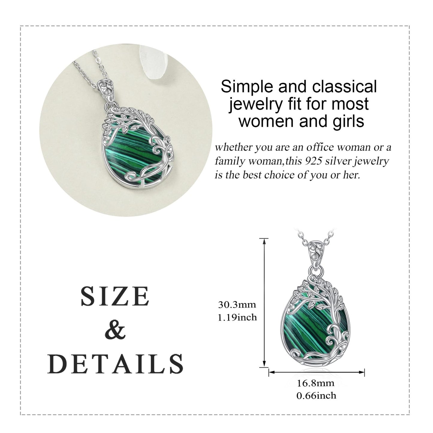 YAFEINI Malachite Necklace for Women 925 Sterling Silver Tree of Life Teardrop Pendant Necklace Jewelry Gift (RR-Tree of Life Malachite Necklace)