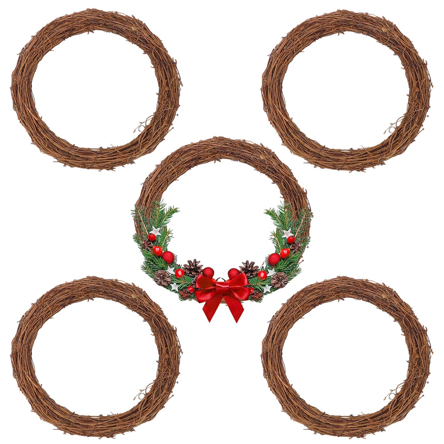 KUKLIPJIM 5 Pcs 12 Inch Natural Grapevine Wreath Set, Hand-Woven Vine Branch Wreaths for DIY Crafts, Christmas Decorations, Home & Event Styling