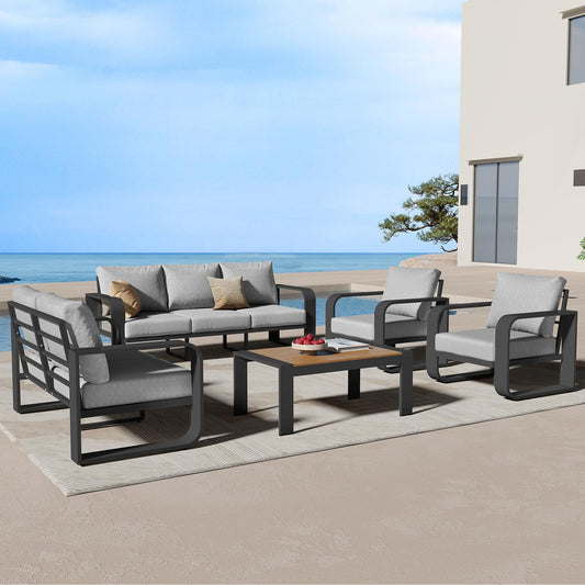 Oasbira Aluminum Outdoor Patio Furniture Set, 5 Piece Oversized Patio Conversation Sets Widened Armrest & Ultra-Thick Cushions, Heavy Duty Modern Sectional Furniture for Backyard, Porch, Gray