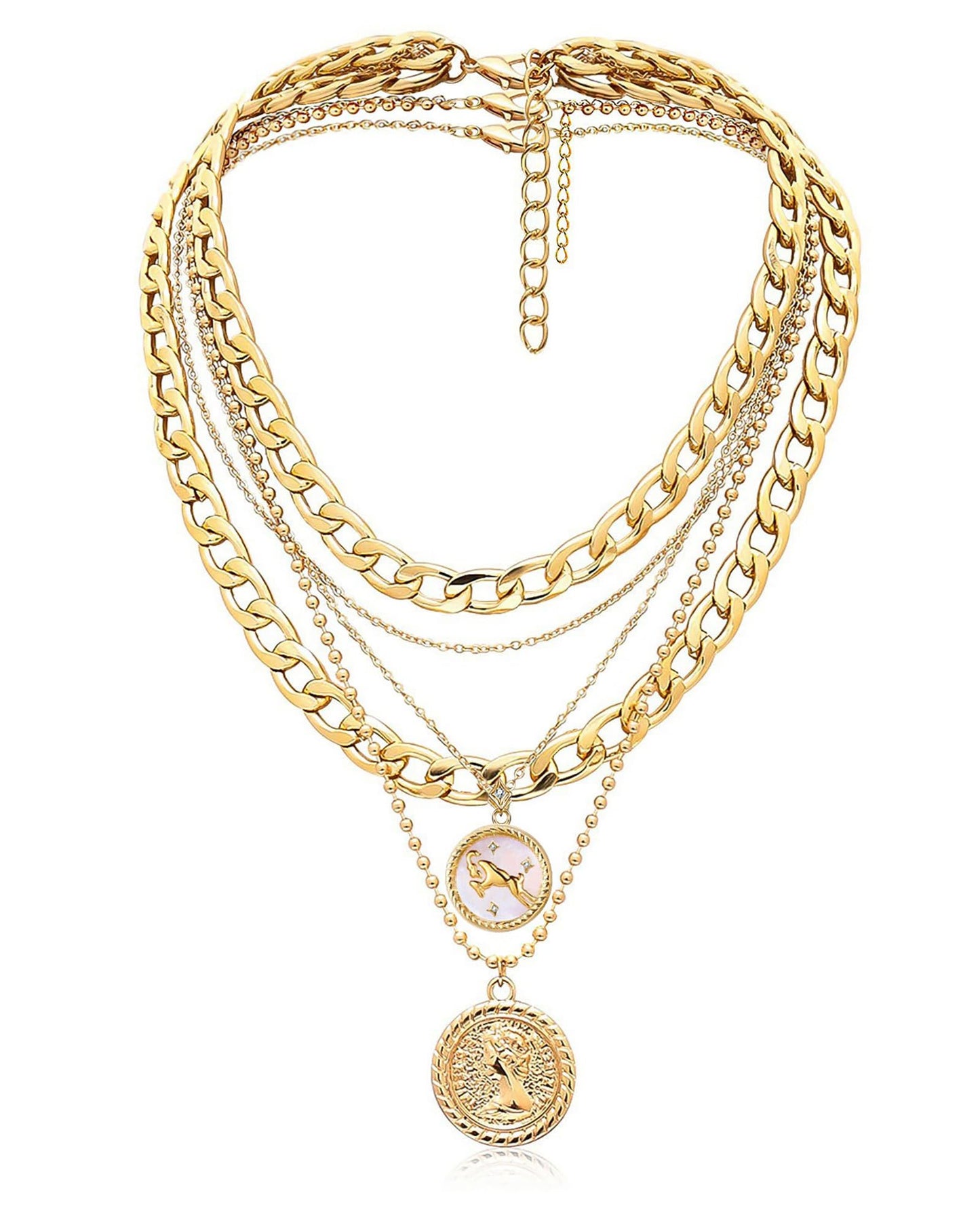 MJartoria Gold Layered Necklaces for Women Trendy Retro Coin Pendant Necklace Dainty Chunky Chain Choker Necklaces for Jewelry Birthday Gifts (Gold, Zodiac-Aries-3PCS Layered)