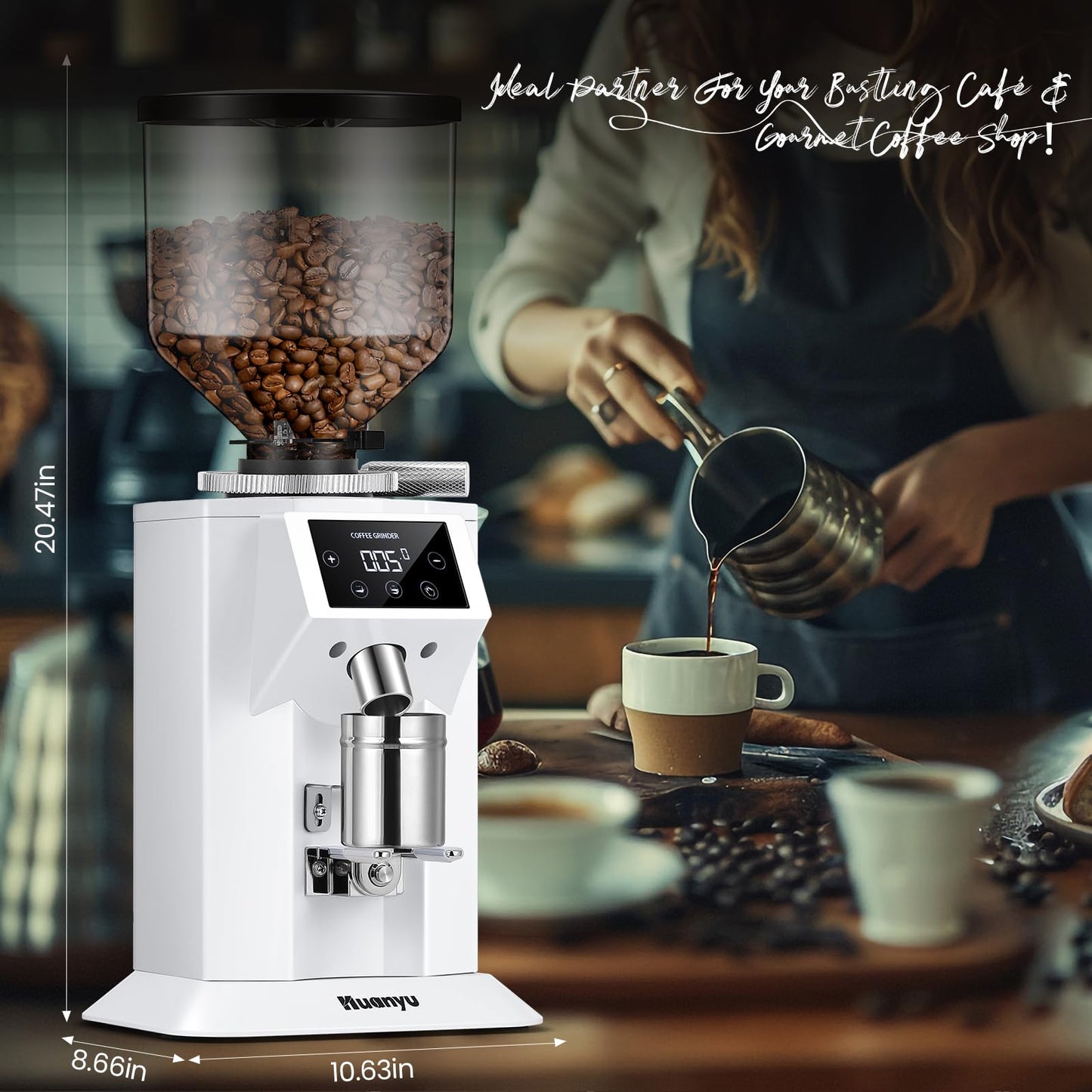 Huanyu Professional Coffee Grinder with 74mm Flat Burr 53ounce Bean Hopper 15 Infinite Grinding Settings Electric Coffee Grinder with Touching Screen White