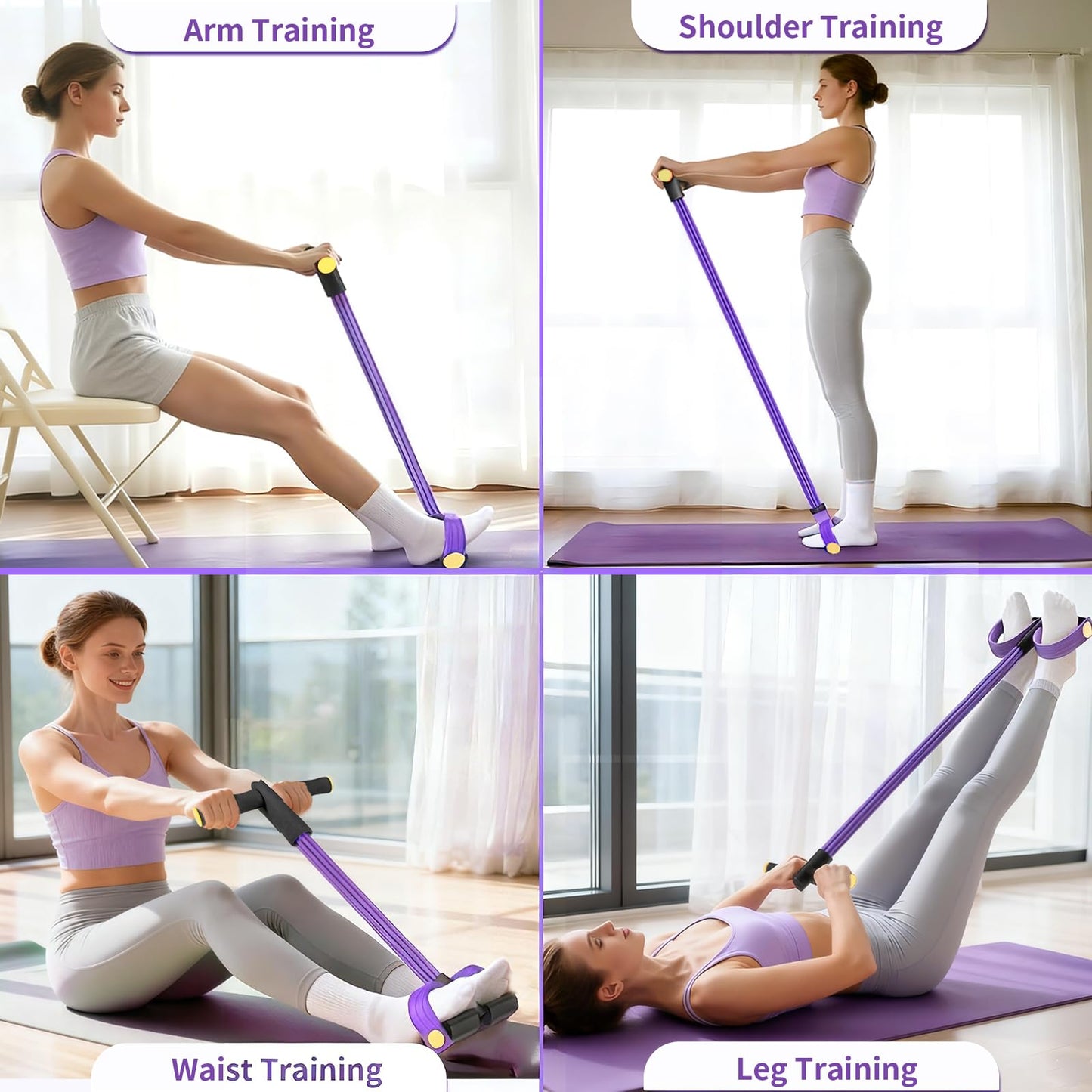 Pedal Resistance Bands with Handles, Upgrade 6-Tubes Manual Tension Training Pedal, Natural Rubber Foot Pedal Resistance Bands, Multifunction Fitness Bands for Abdomen, Waist, Arm, Leg (Purple)