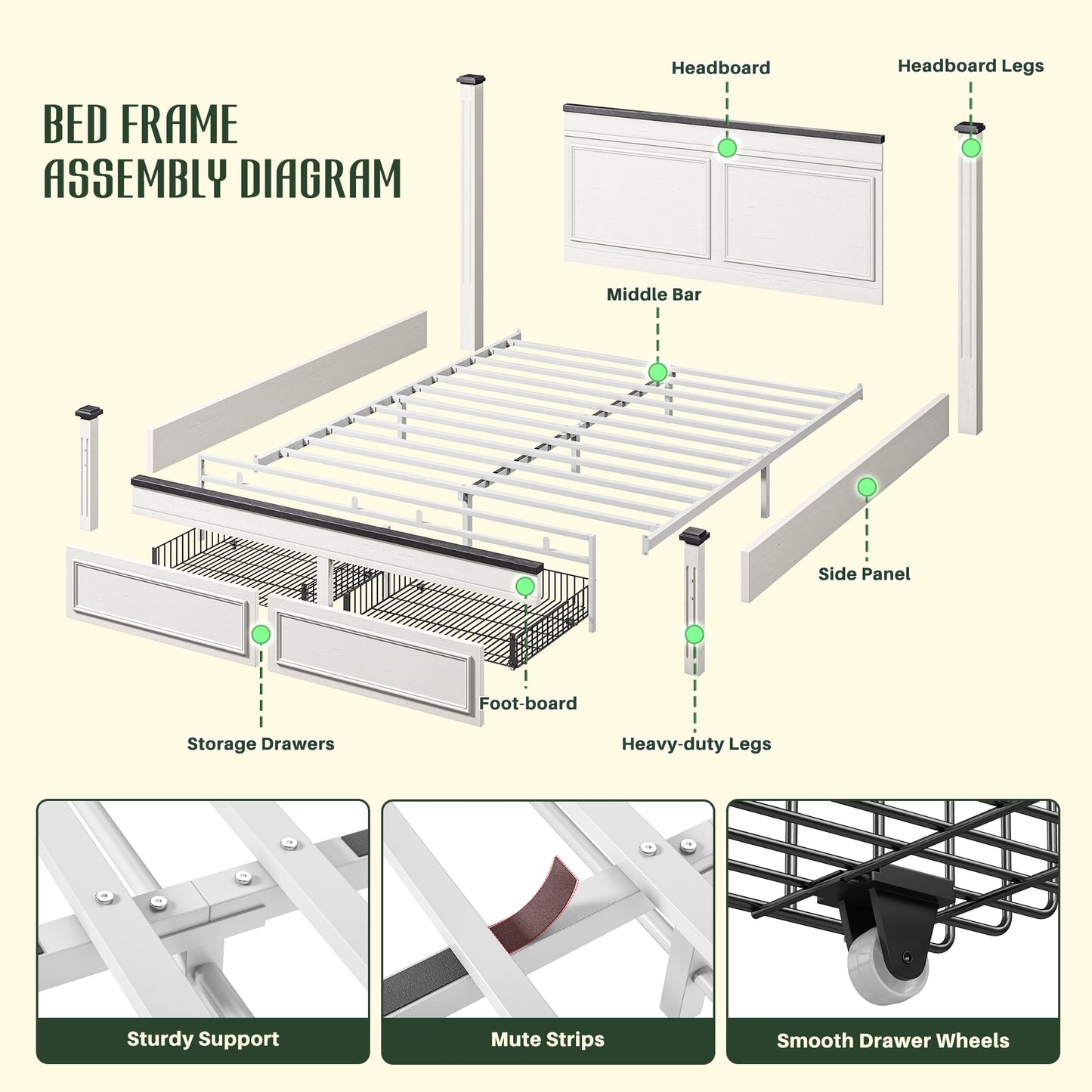 Homkdom Farmhouse Queen Size Bed Frame, 51” Tall Queen Bed Frame with Headboard, Bed Frame with 2 Storage Drawers, No Box Spring Needed, White
