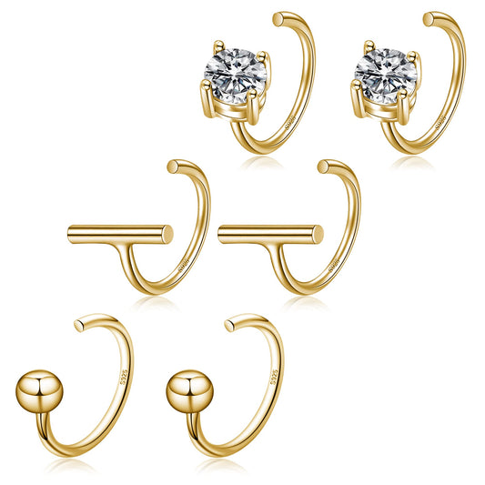 3 Pairs 18K Gold Plated 925 Sterling Silver Half Hoop Earrings Set Small Huggie Hug Hoops Open Huggie Hoops Earrings for Women
