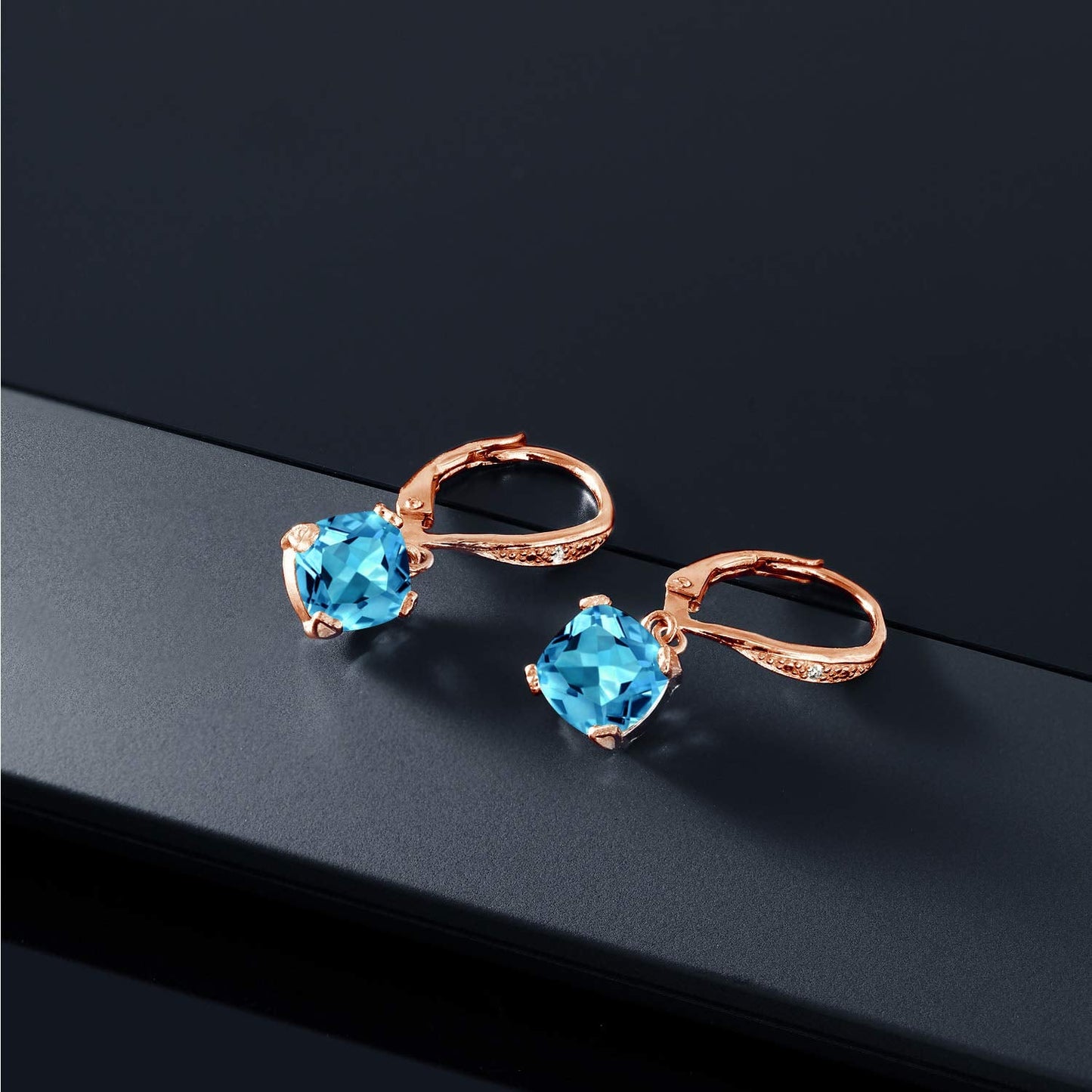Gem Stone King Drop Dangle Earrings For Women | 7MM Cushion Cut Gemstone Birthstone and Diamond | 925 Sterling Silver | Jewelry Gift for Mom Wife Her | Swiss Blue Topaz-November | Rose Gold