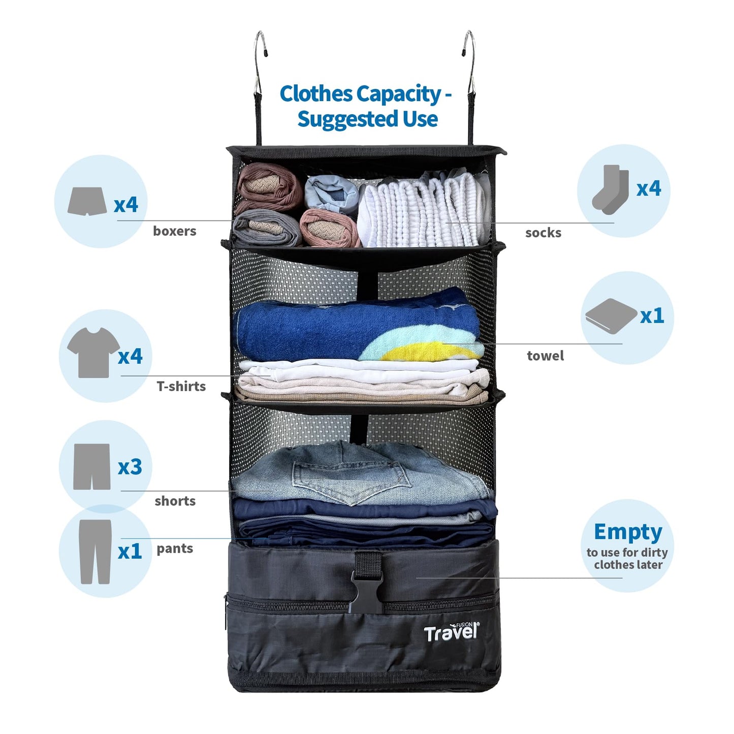 Grand Fusion Stow-N-Go Packing Organizer for Luggage, Portable Hanging Travel Shelves, Carry-On Closet, Hanging Packing Cubes, Collapsible Carry-On Organizer for Cruises & Hotels. Black - L