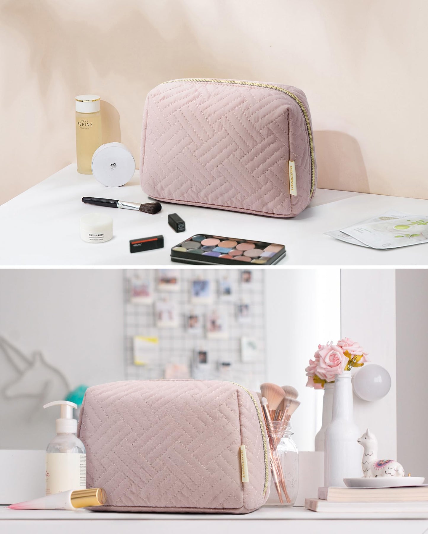 BAGSMART Small Makeup Bag, Travel Cosmetic Bag Make Up Pouch Small Travel Essentials for Women Dorm Room Essentials Pouch,Water-resistant Toiletry Bag,Makeup Organizer Bag,Pink